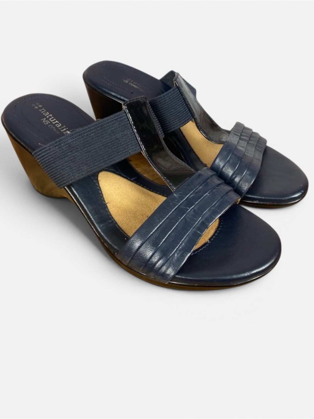 Naturalizer Navy Leather Elastic Strap Slip On Wedge Heel Mules Shoes Sz 8
